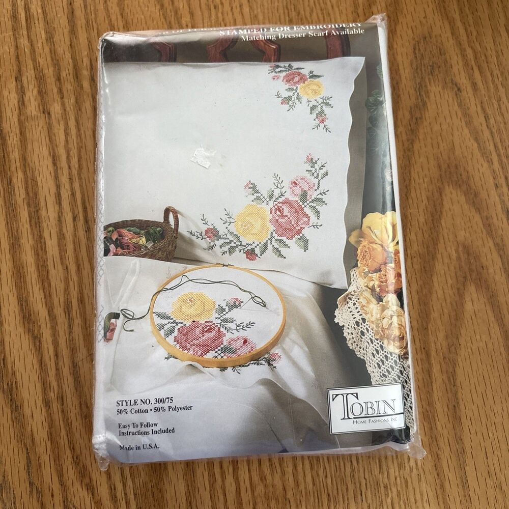 Vintage Tobin Embroidery Kit Stamped Pillow Cases Rosebud Permanent Press Sealed